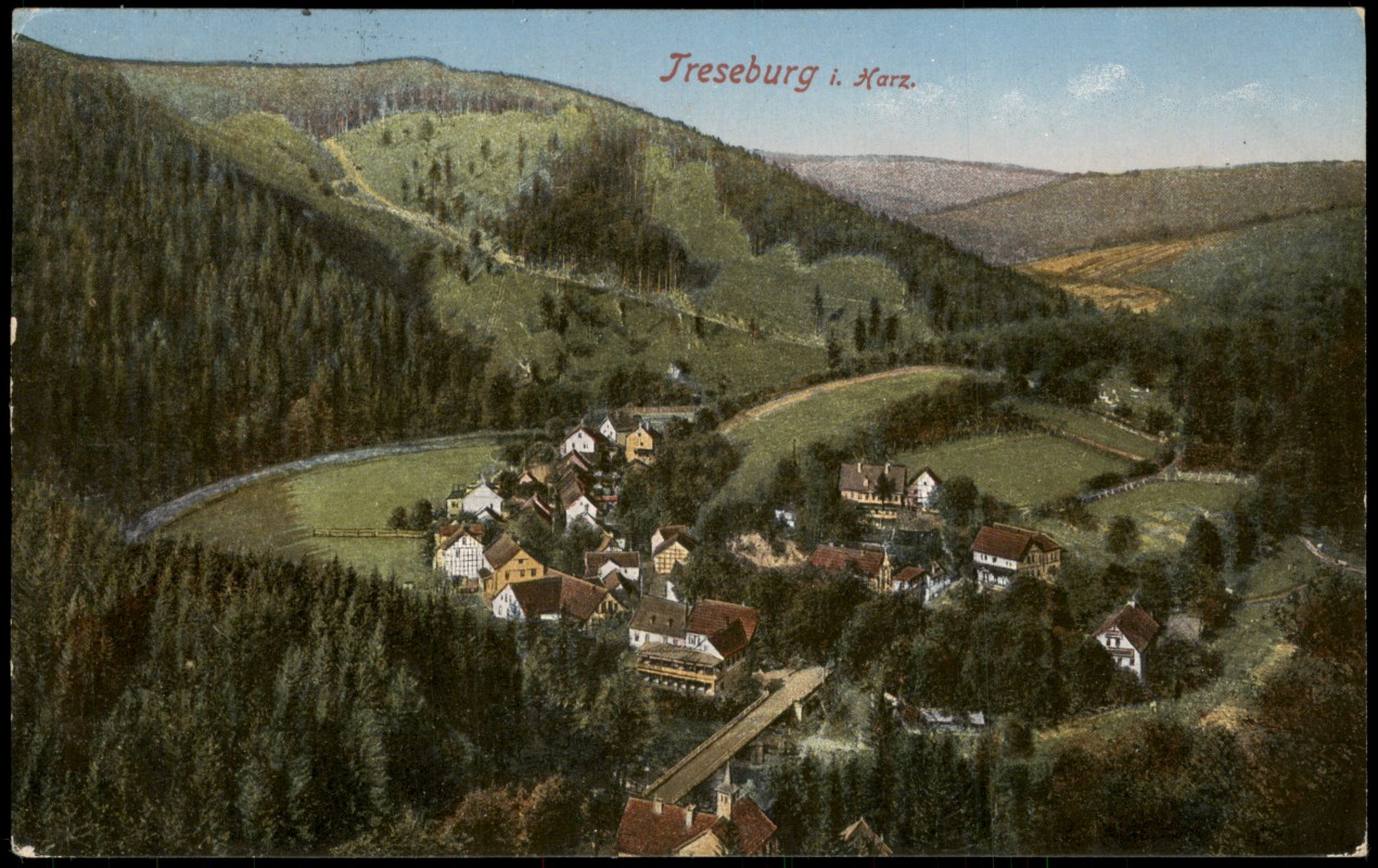 vergrößern: Bildseite historische Ansichtskarte von 1922: Panorama-Ansicht Totalansicht Ort im Harz:: Treseburg