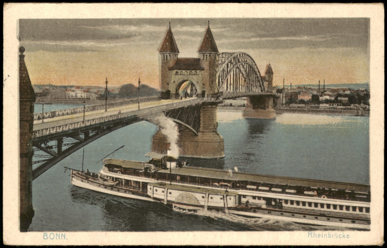 zoom: Image side vintage Postcard from 1971: Rhein Dampfer passiert Rheinbrücke:: Bonn