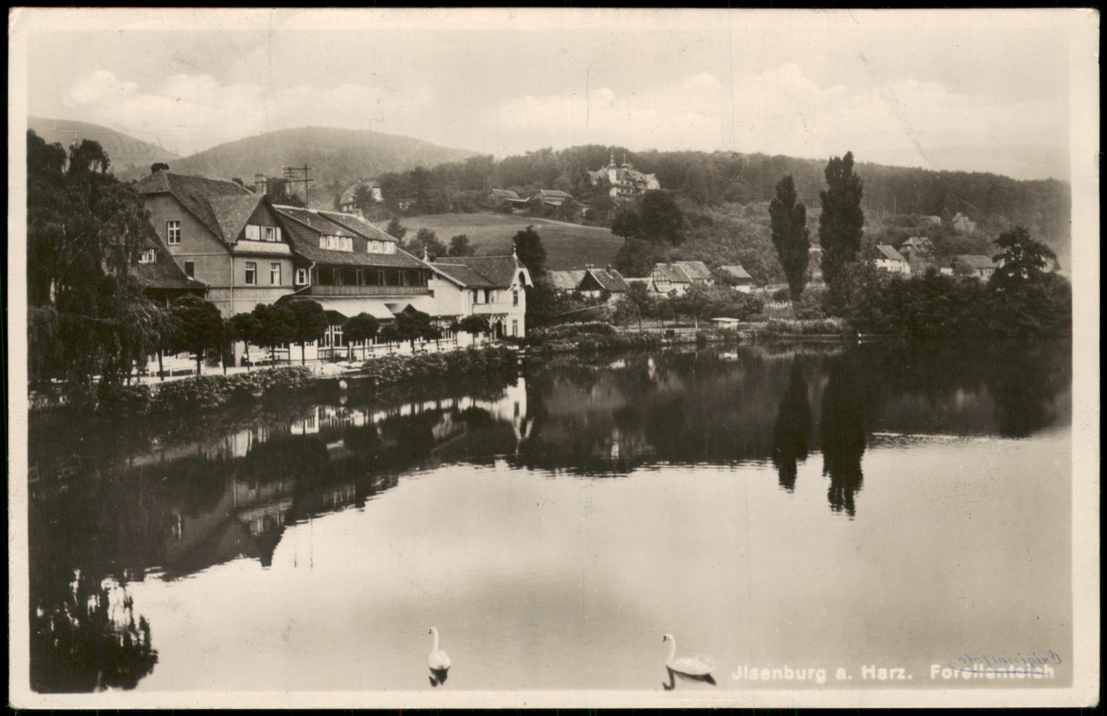 zoom: Image side vintage Postcard from 1934: Harz. Forellenteich und Restaurant:: Ilsenburg (Harz)