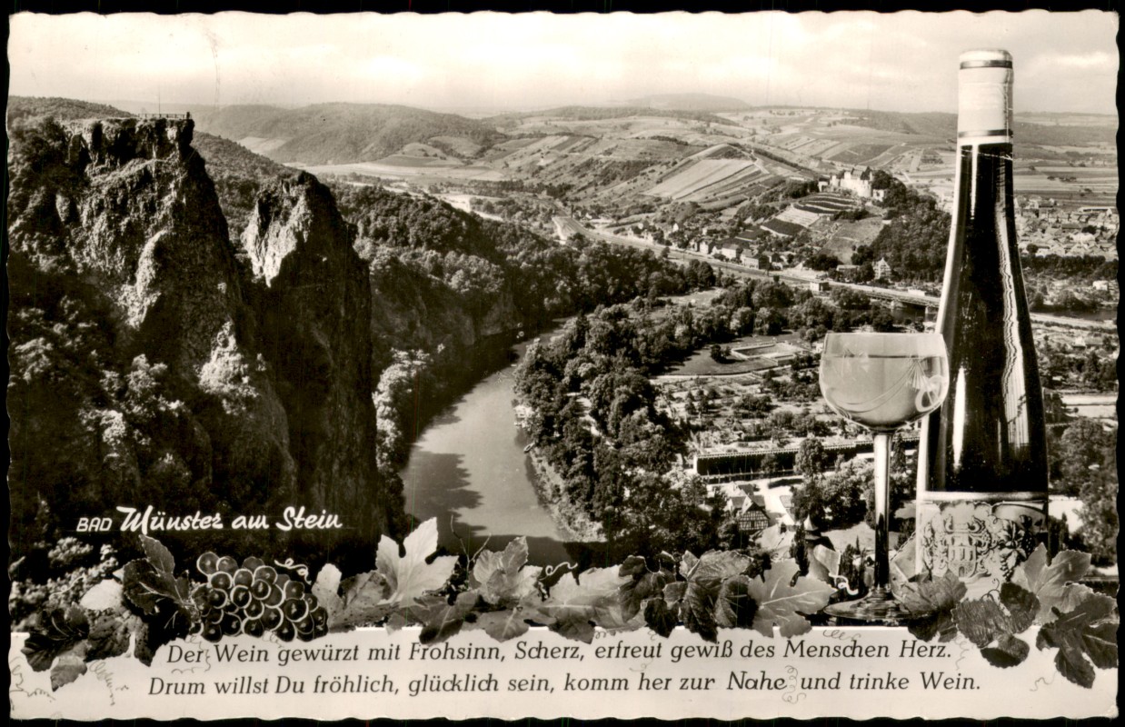 zoom: Image side vintage Postcard from 1962: Stadt Weinflasche und Glas Fotomontage:: Bad Münster am Stein-Ebernburg