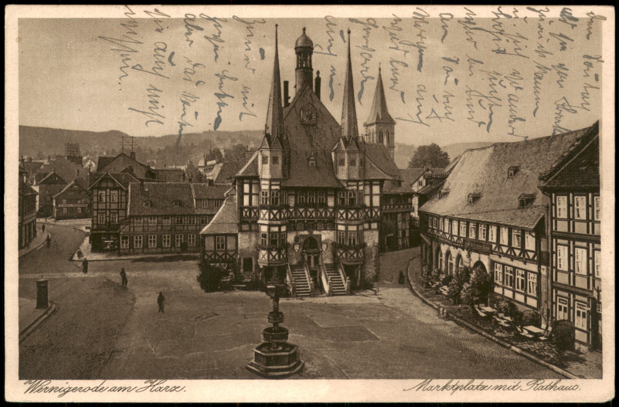vergrößern: Bildseite historische Ansichtskarte von 1928: Marktplatz mit Rathaus:: Wernigerode