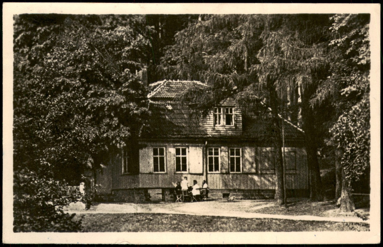 vergrößern: Bildseite historische Ansichtskarte von 1956: Waldidyll Scherershütte zur DDR-Zeit:: Ohrdruf