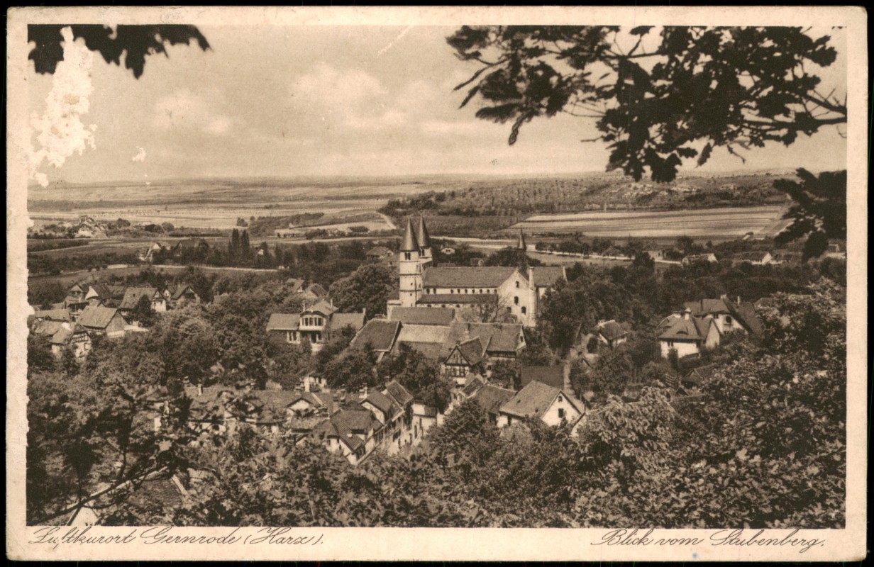 zoom: Image side vintage Postcard from 1936: Panorama-Ansicht Gernrode im Harz Blick vom Stubenberg:: Gernrode-Quedlinburg