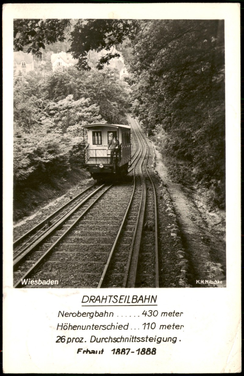 zoom: Image side vintage Postcard from 1956: DRAHTSEILBAHN Nerobergbahn mit Technik-Daten:: Wiesbaden