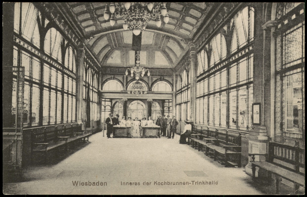 zoom: Image side vintage Postcard from 1912: Inneres der Kochbrunnen-Trinkhalle:: Wiesbaden