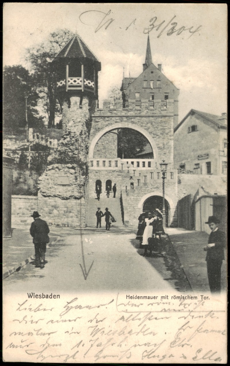 vergrößern: Bildseite historische Ansichtskarte von 1904: Partie a.d. Heidenmauer mit römischem Tor:: Wiesbaden