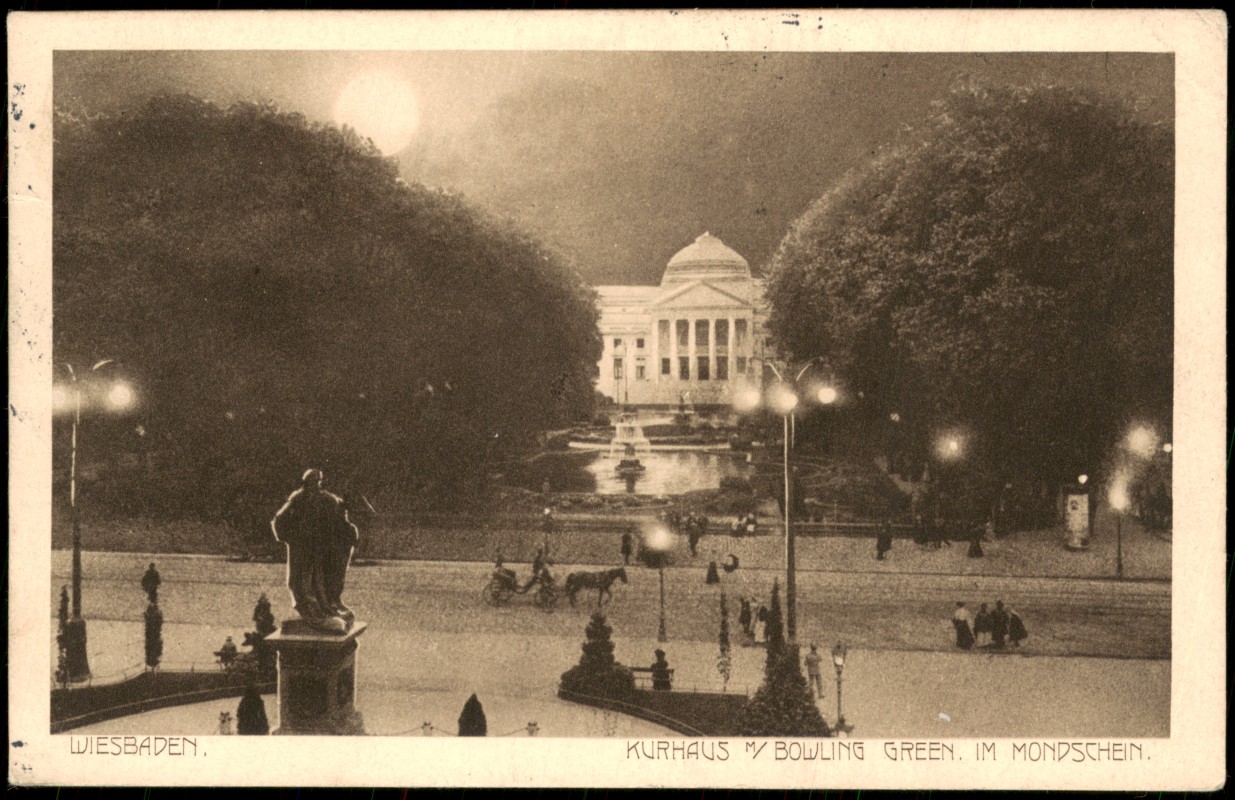 zoom: Image side vintage Postcard from 1912: KURHAUS BOWLING GREEN IM MONDSCHEIN:: Wiesbaden