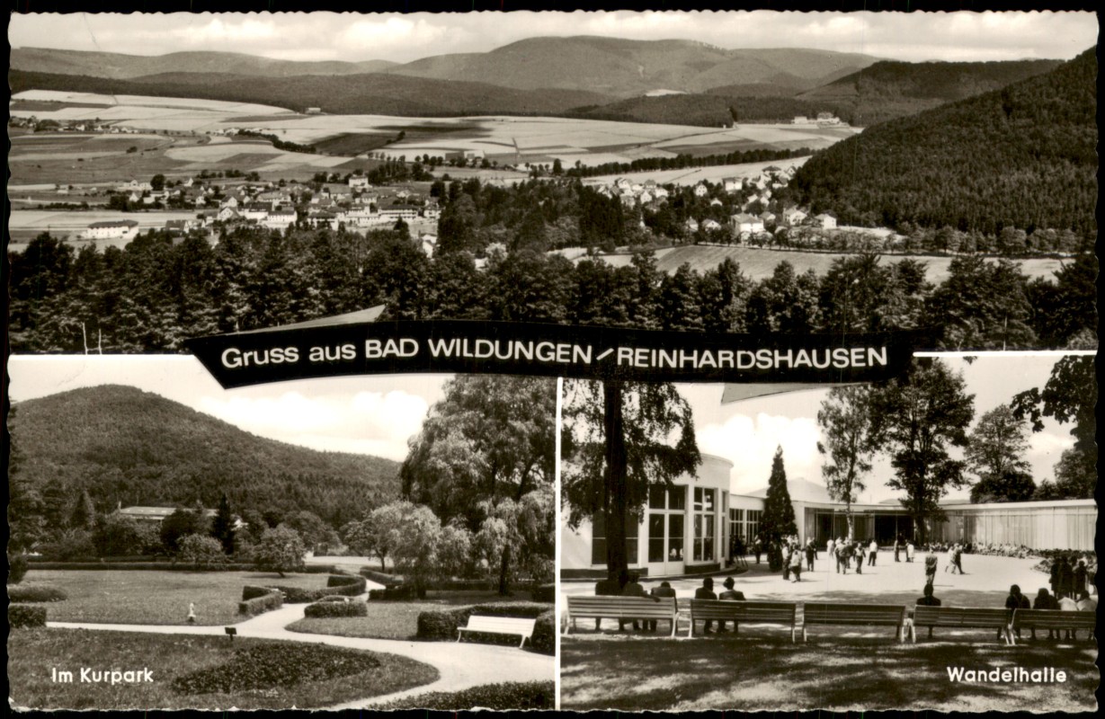 vergrößern: Bildseite historische Ansichtskarte von 1965: Mehrbildkarte mit 3 Ortsansichten:: Bad Wildungen
