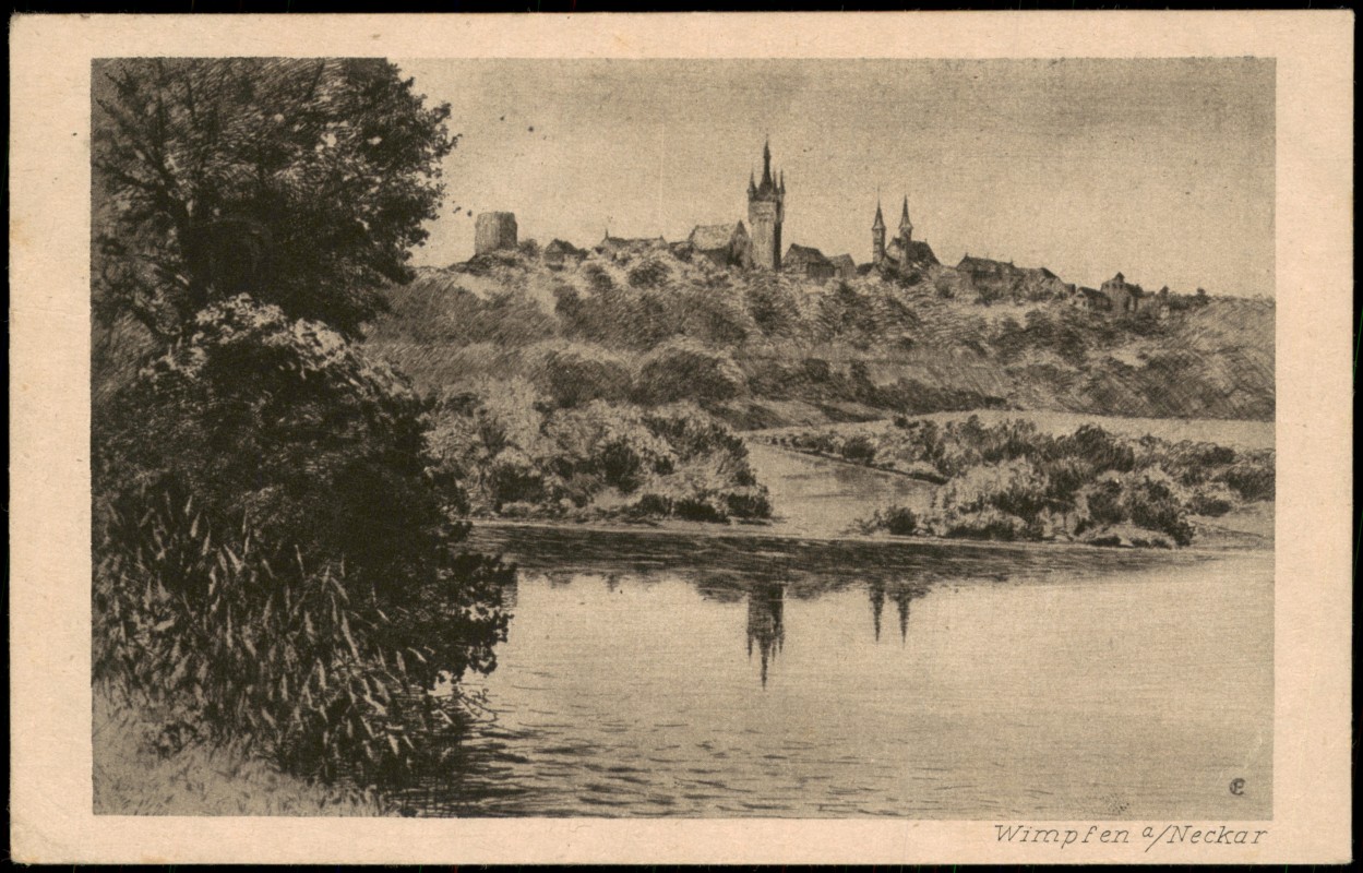 vergrößern: Bildseite historische Ansichtskarte von 1930: Panorama Wimpfen a. Neckar nach Original von Conrad Pfau, Künstler-AK:: Bad Wimpfen