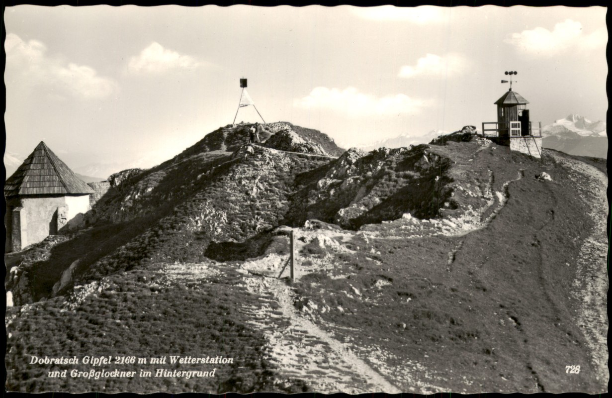 vergrößern: Bildseite historische Ansichtskarte von 1960: Alpen Österreich Dobratsch Gipfel Wetterstation und Großglockner im Hintergrund:: Zell am See