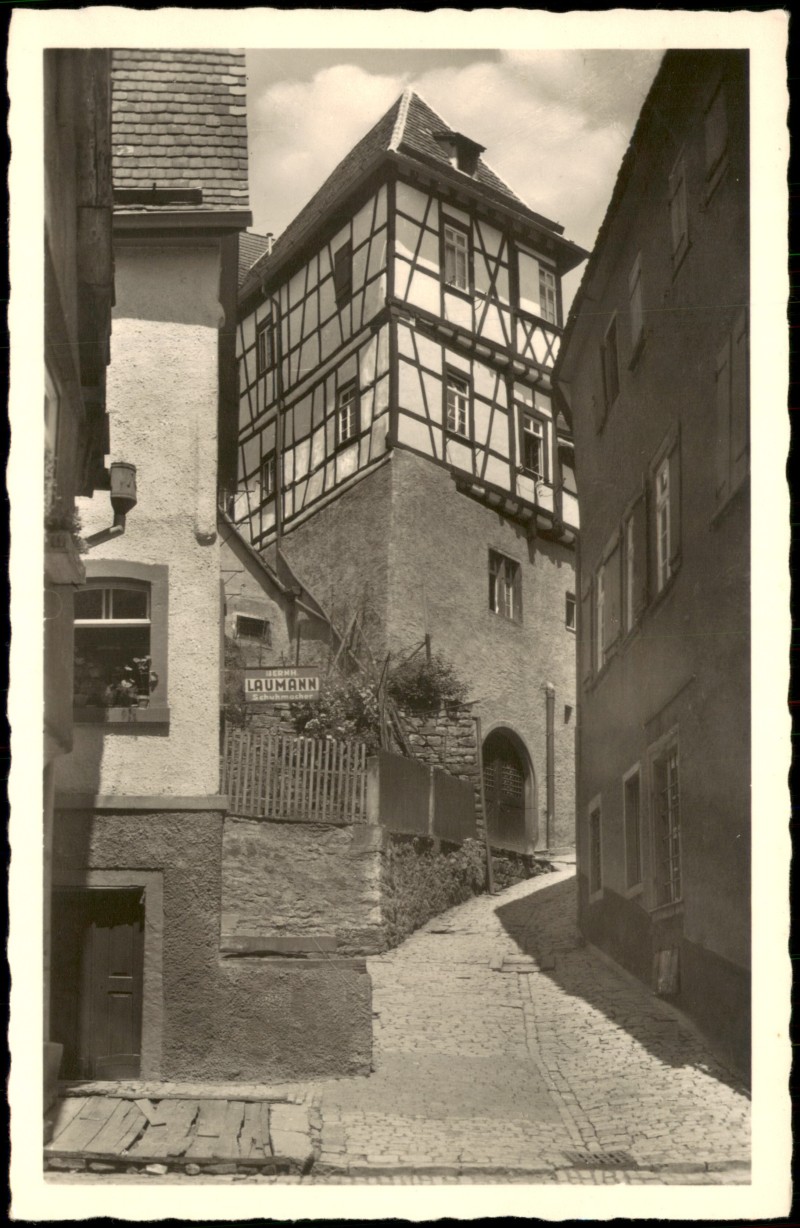 zoom: Image side vintage Postcard from 1950: Marktgasse Haus Schuhmacher Laumann:: Bad Wimpfen