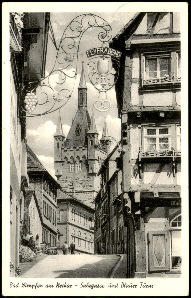 zoom: Image side vintage Postcard from 1958: Salzgasse, Blauer Turm, Lokal "Feyerabend":: Bad Wimpfen