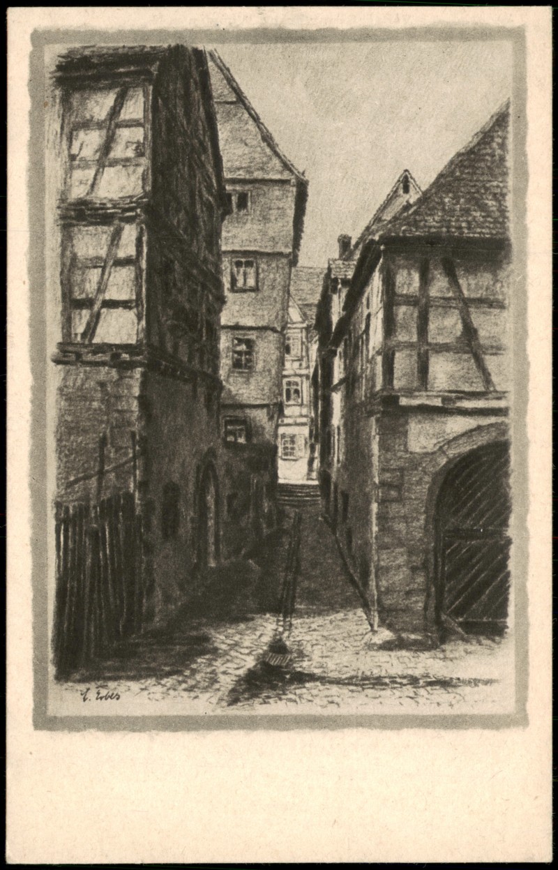 vergrößern: Bildseite historische Ansichtskarte von 1920: Kronengässchen ALT-WIMPFEN signierte Künstlerkarte Zeichnung:: Bad Wimpfen