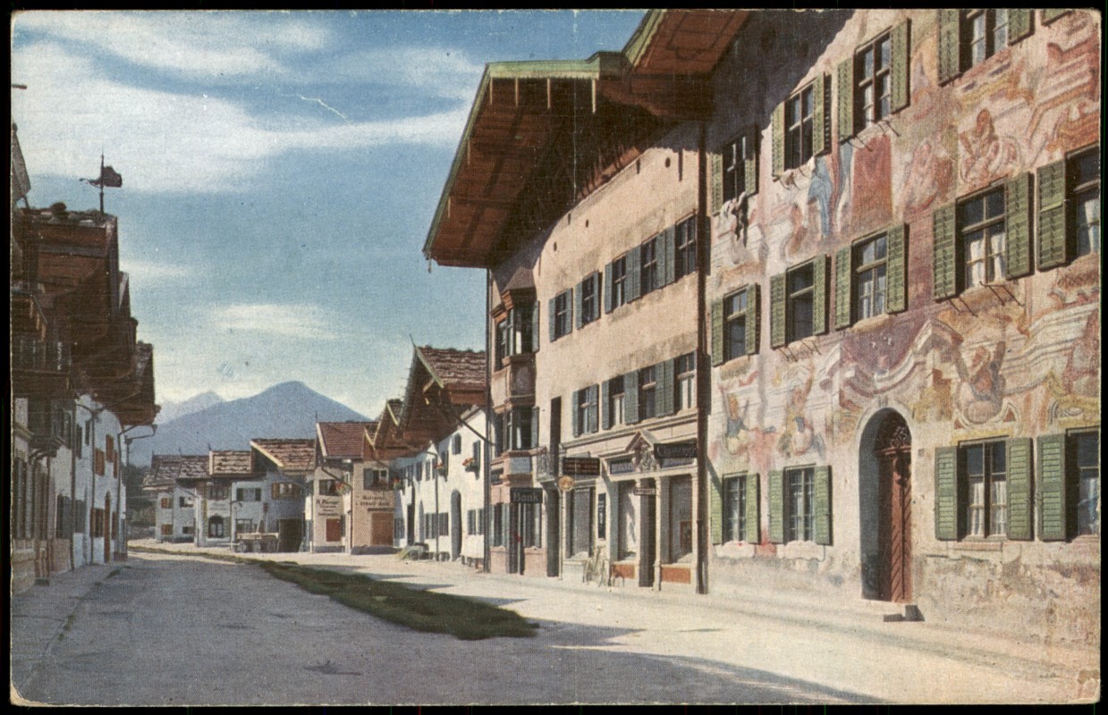 zoom: Image side vintage Postcard from 1955: Obere Marktstraße mit Neunerhaus und Reitherspitze:: Mittenwald