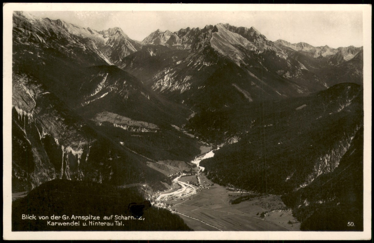 vergrößern: Bildseite historische Ansichtskarte von 1942: Blick Gr. Arnspitze auf Scharnitz Karwendel u. Hinterau Tal:: .Bayern