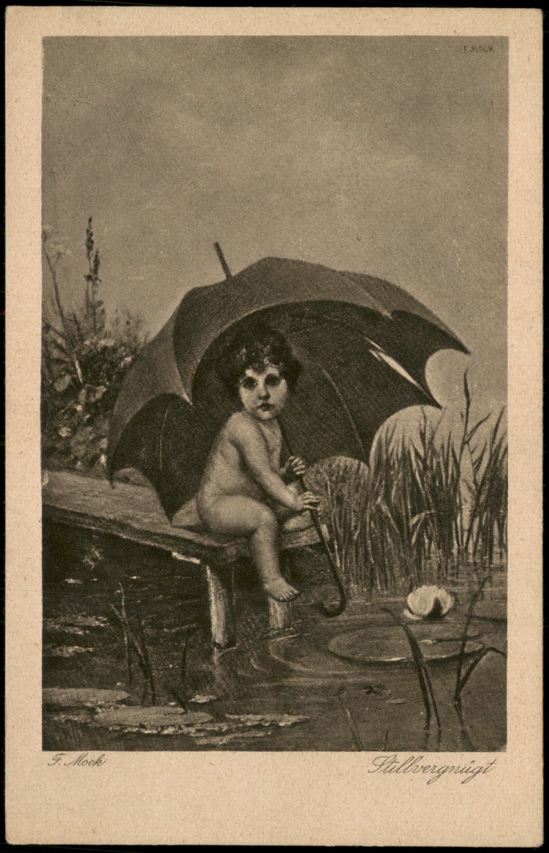 zoom: Image side vintage Postcard from 1928: Künstlerkarte Junge unterm Regenschirm Seerosen F. Mock::
