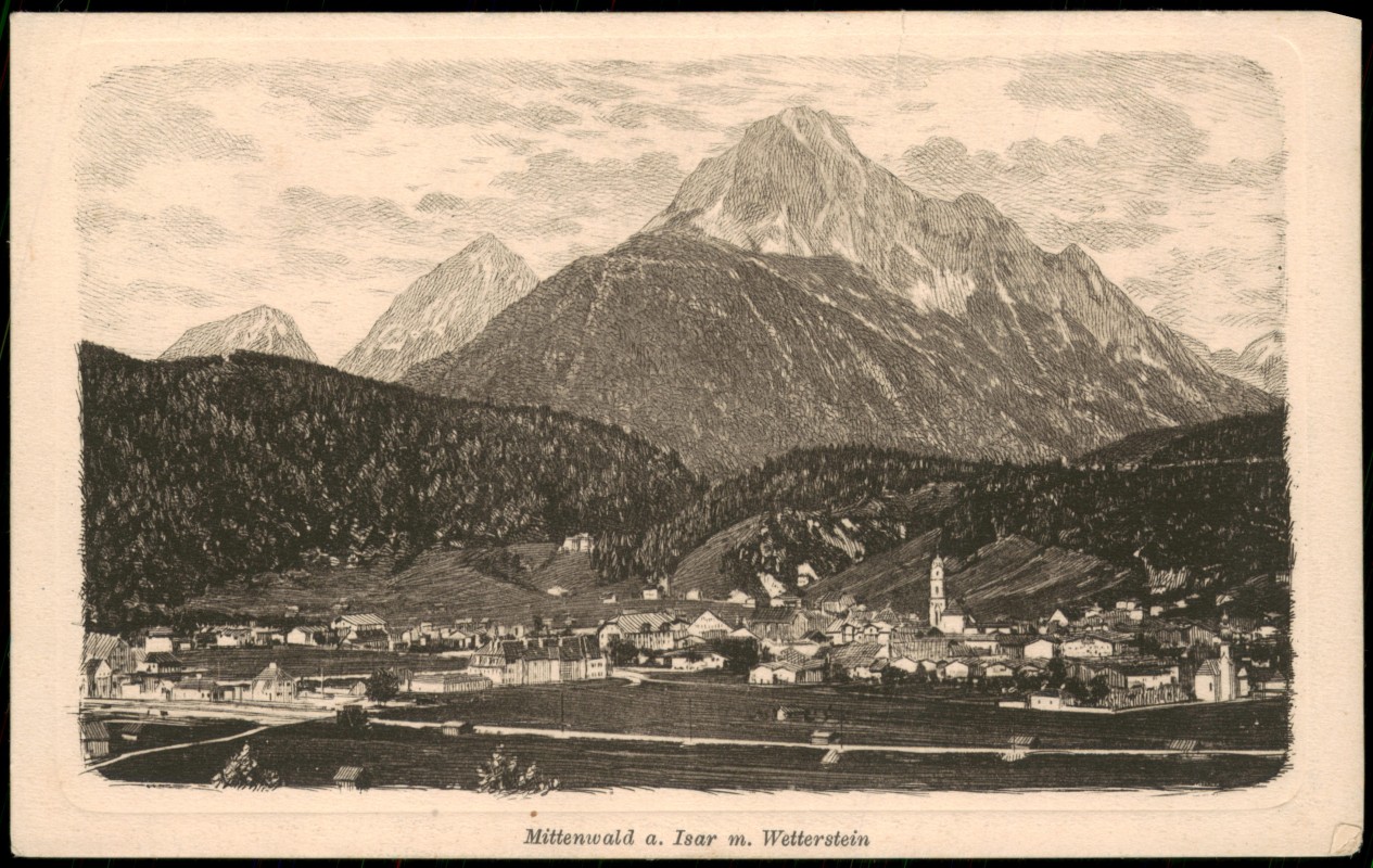 vergrößern: Bildseite historische Ansichtskarte von 1924: a. Isar m. Wetterstein - Federzeichnung:: Mittenwald