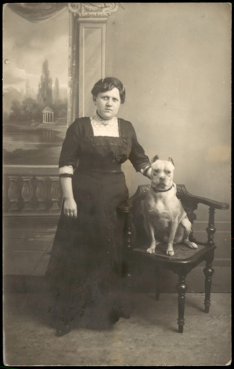vergrößern: Bildseite historische Ansichtskarte von 1910: Frühe Fotokunst Atelierfoto mit Frau und Hund posierend::