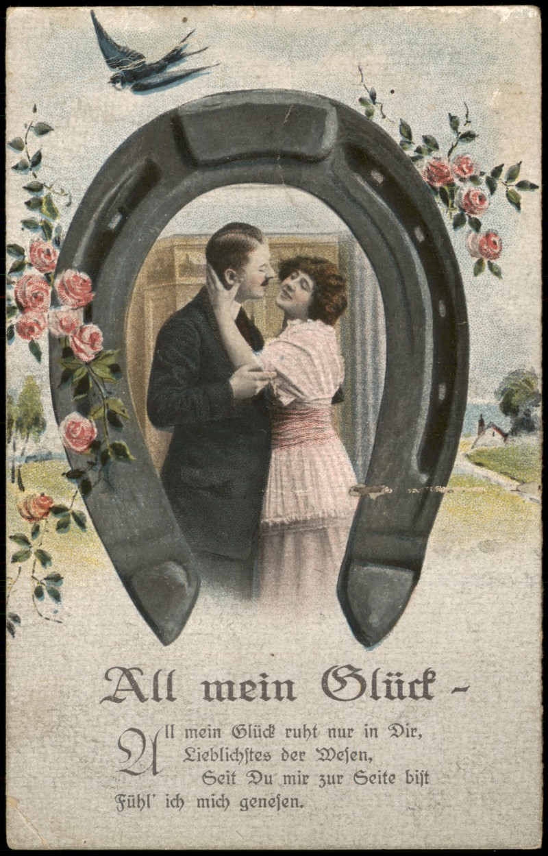 vergrößern: Bildseite historische Ansichtskarte von 1910: Romantik Liebe Liebespaar unter Hufeisen mit Blumen Ornamenten::