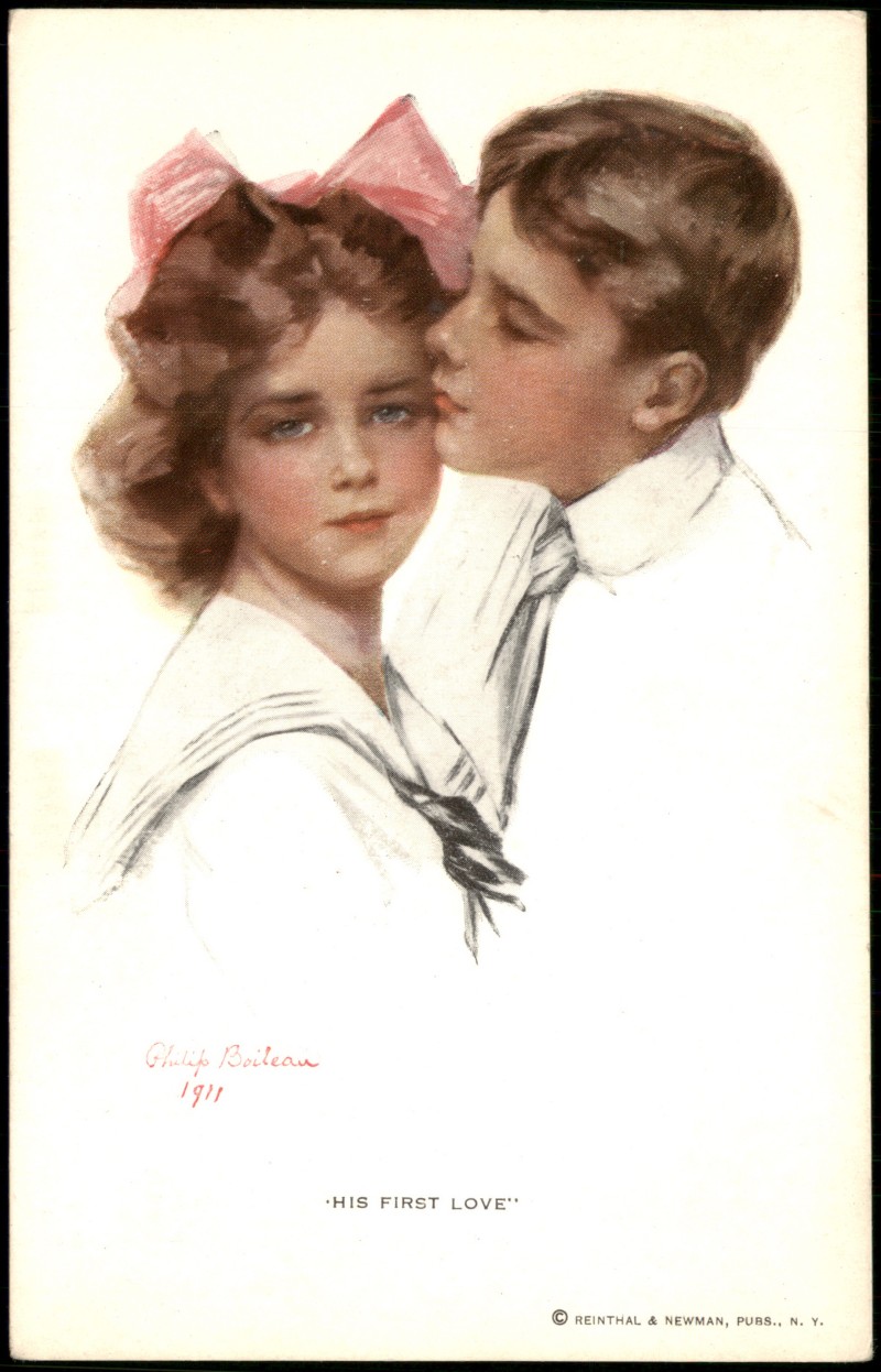 zoom: Image side vintage Postcard from 1911: USA Art Künstlerkarte Liebe Romantik Liebespaar HIS FIRST LOVE::