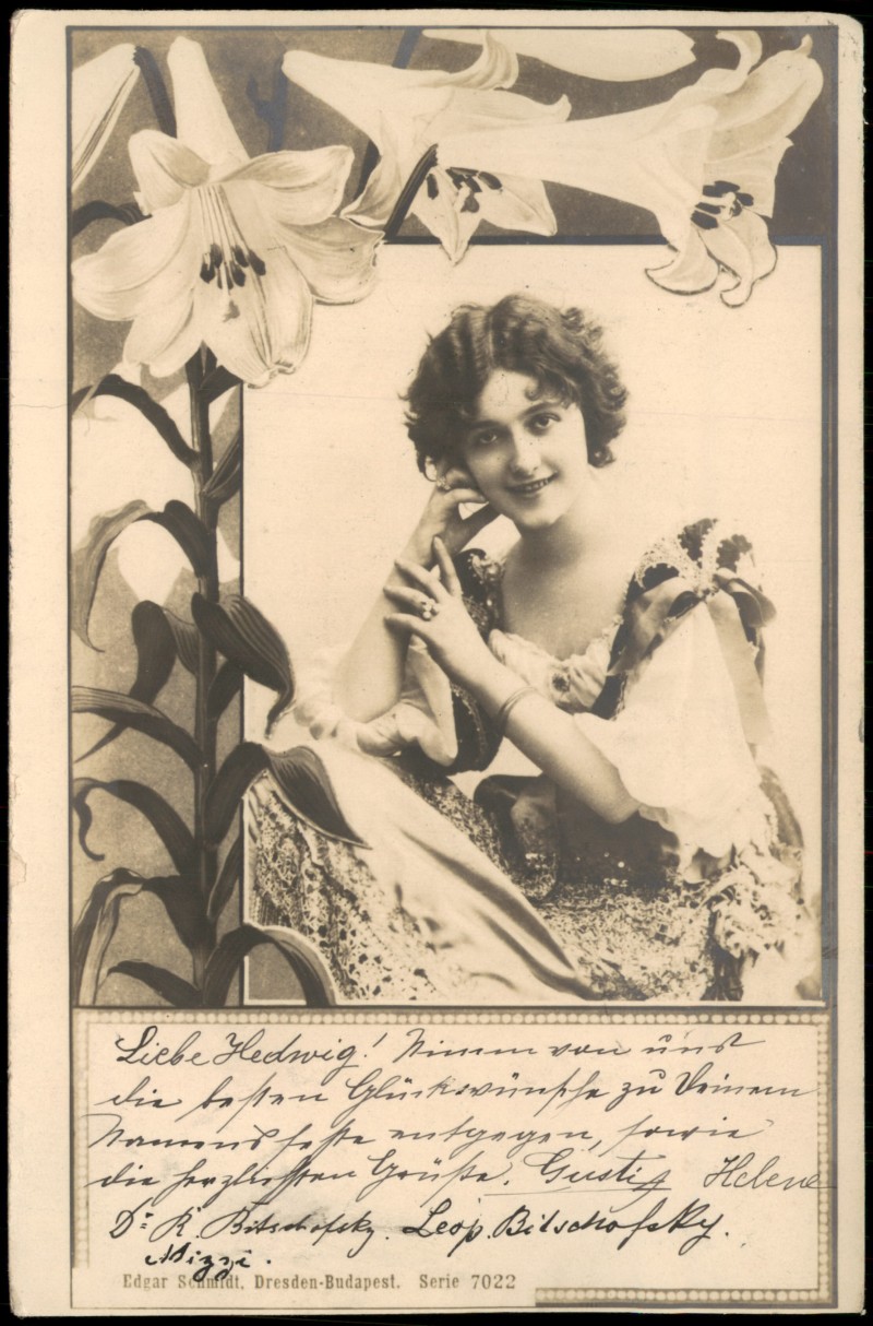 vergrößern: Bildseite historische Ansichtskarte von 1899: Fotokunst mit Frauen-Motiv: Hübsche Junge Frau mit Blumen Ornamenten::