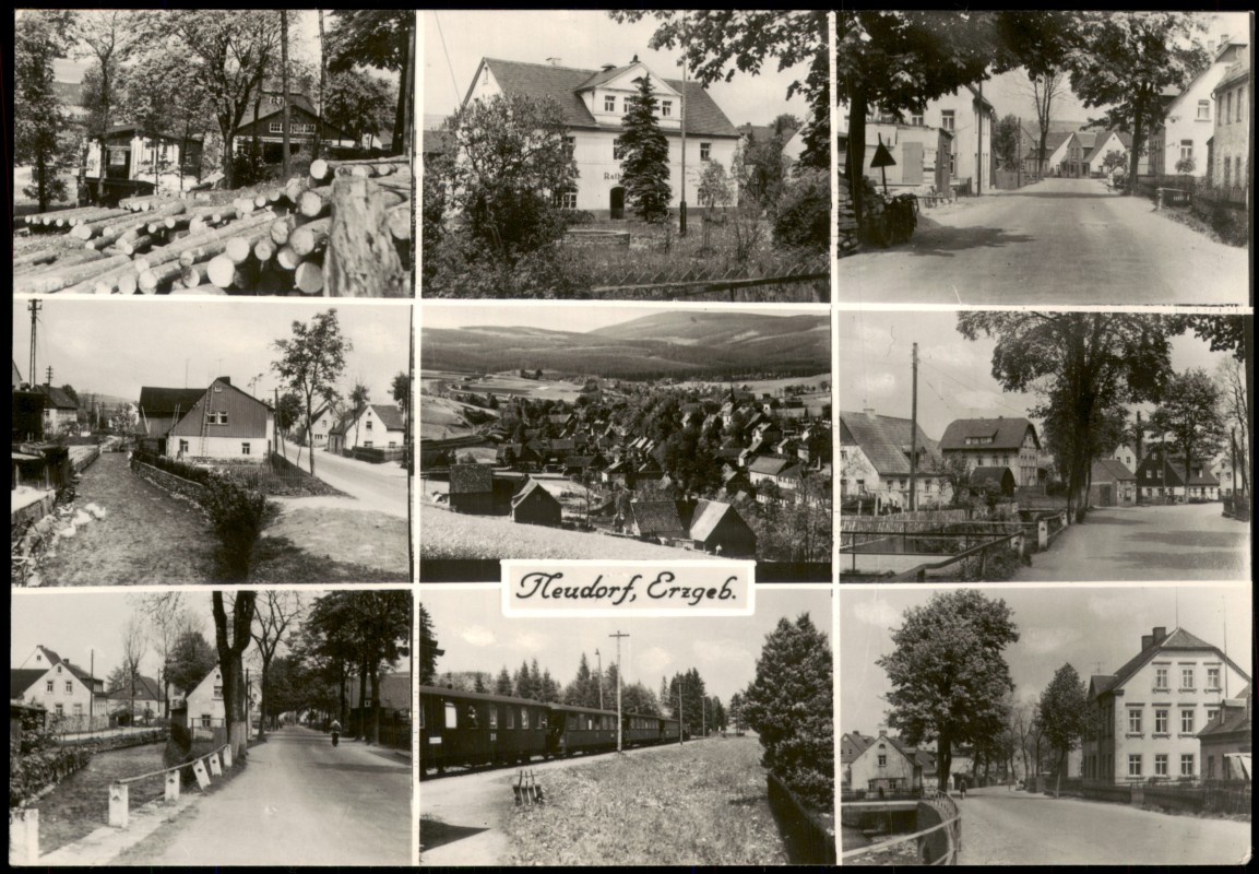 zoom: Image side vintage Postcard from 1964: DDR Mehrbildkarte mit 9 Ortsansichten:: Neudorf (Erzgebirge)
