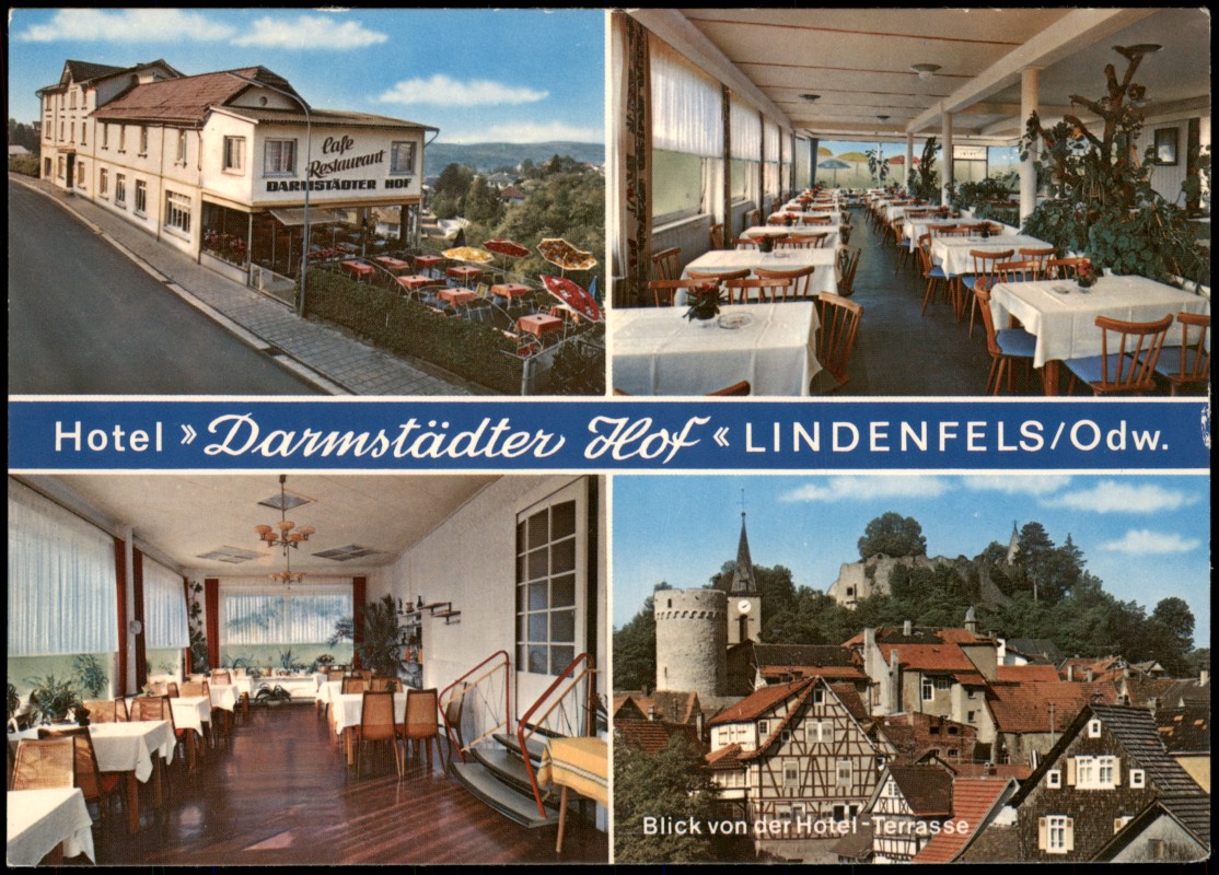 vergrößern: Bildseite historische Ansichtskarte von 1970: Mehrbildkarte Hotel Darmstädter Hof im Odenwald:: Lindenfels (Bergstraße)