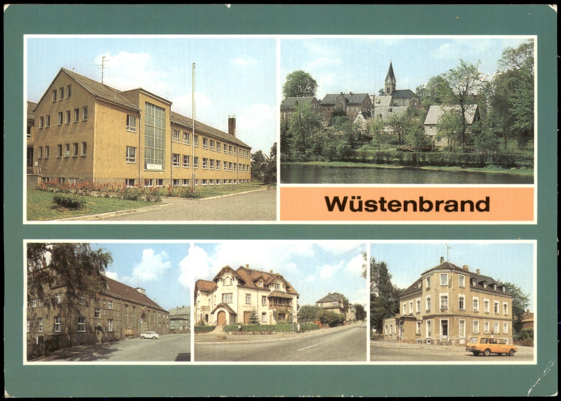 vergrößern: Bildseite historische Ansichtskarte von 1986: DDR Mehrbild-AK mit Diesterweg-Oberschule, Jahnhalle Sport-Gaststätte uvm.:: Wüstenbrand-Hohenstein-Ernstthal