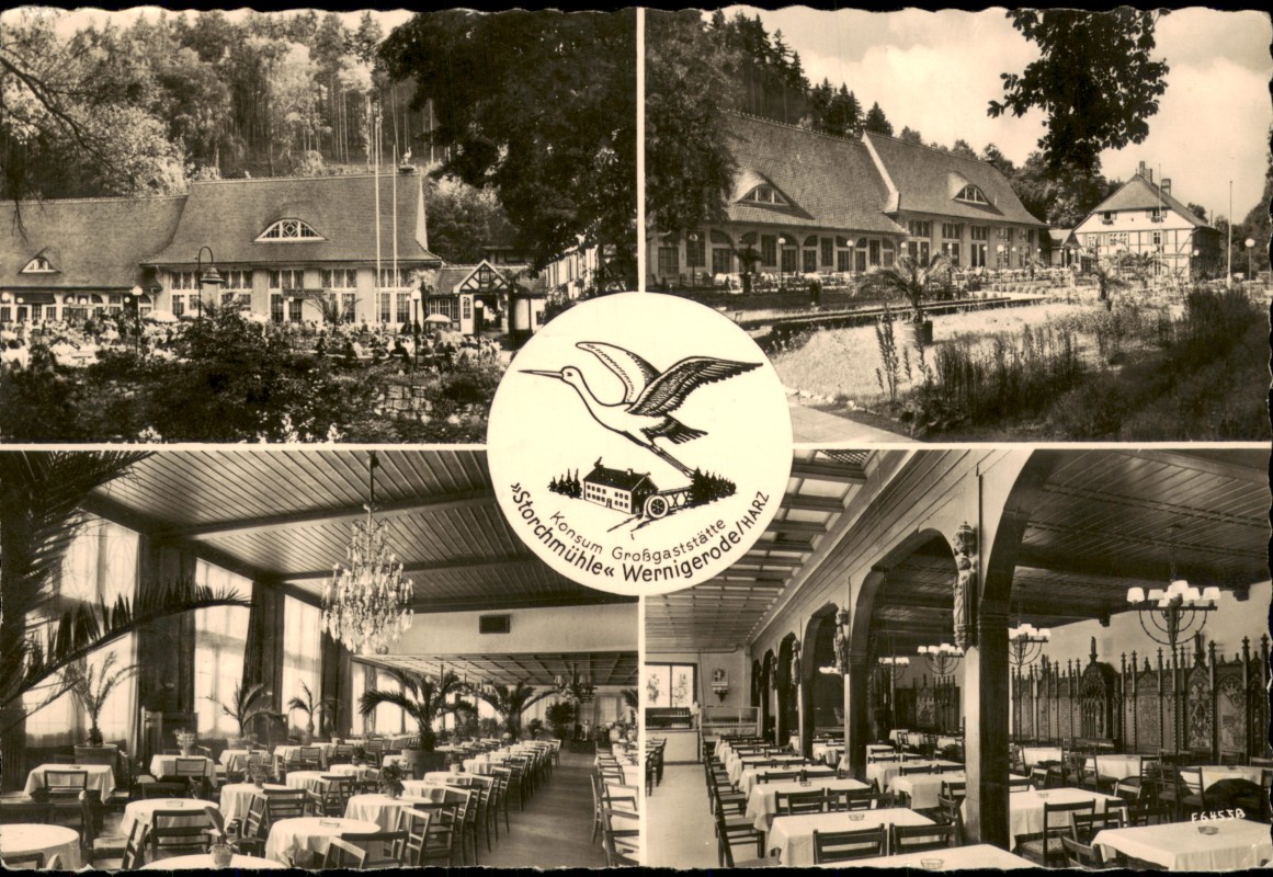 zoom: Image side vintage Postcard from 1961: Konsum-Großgaststätte Storchmühle:: Wernigerode
