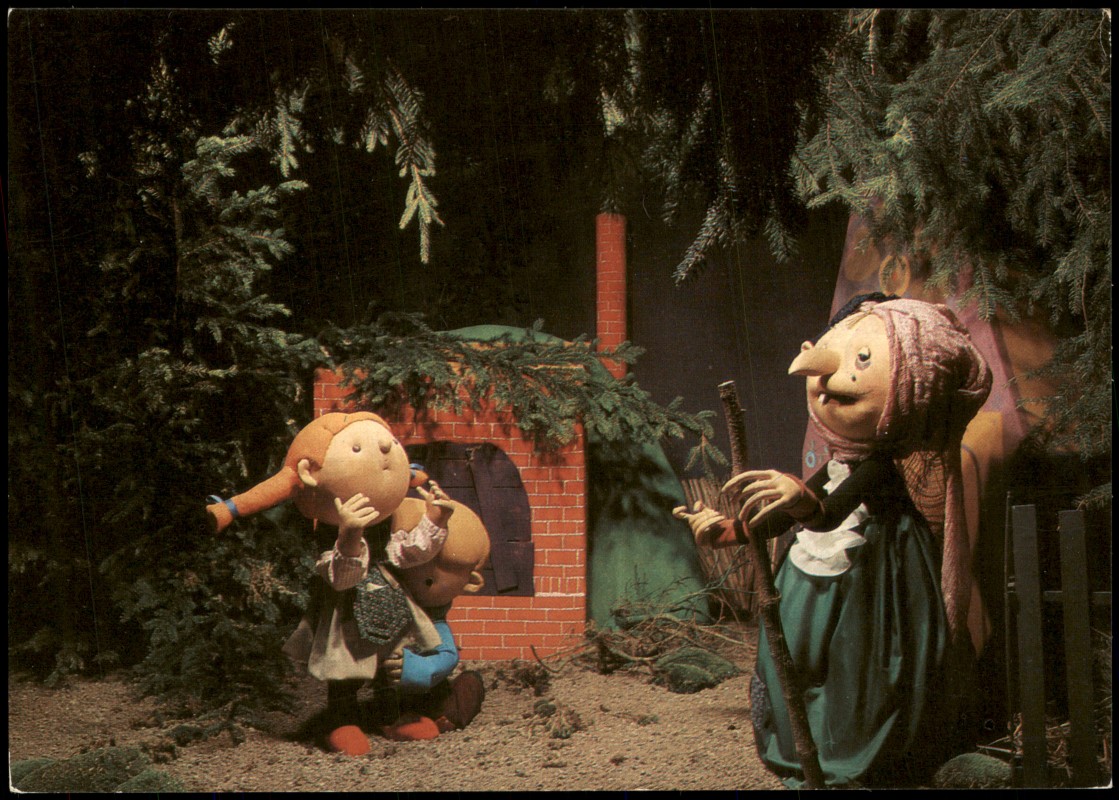 vergrößern: Bildseite historische Ansichtskarte von 1986: Märchen Erfurt Weihnachtsmarkt HÄNSEL UND GRETEL DDR-Karte::