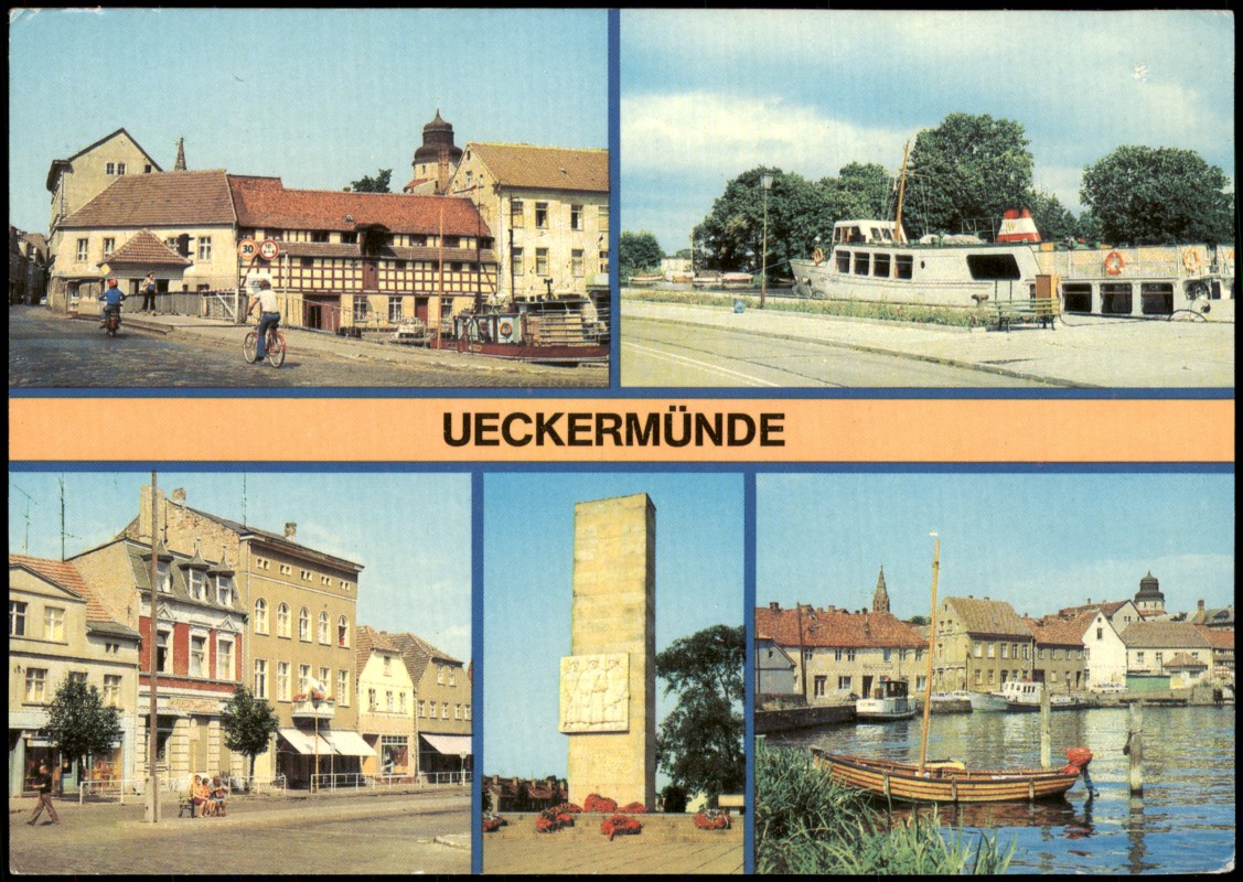 zoom: Image side vintage Postcard from 1988: DDR Mehrbild-AK mit Hafen, Ehrenmal uvm.:: Ueckermünde