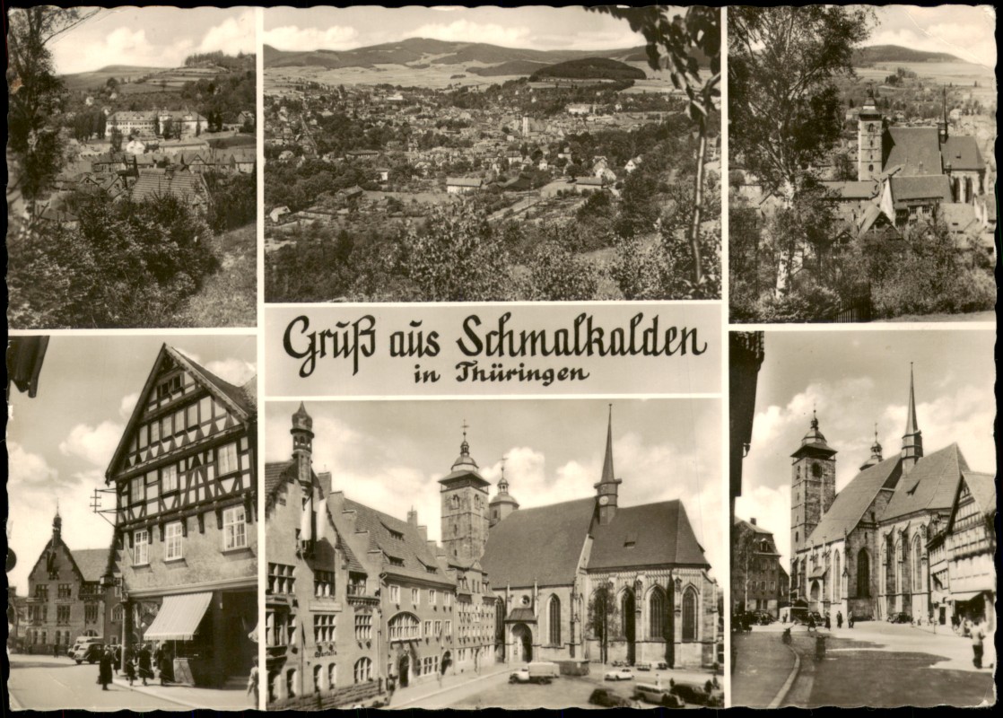 zoom: Image side vintage Postcard from 1959: DDR Mehrbild-AK mit 6 Ortsansichten:: Schmalkalden