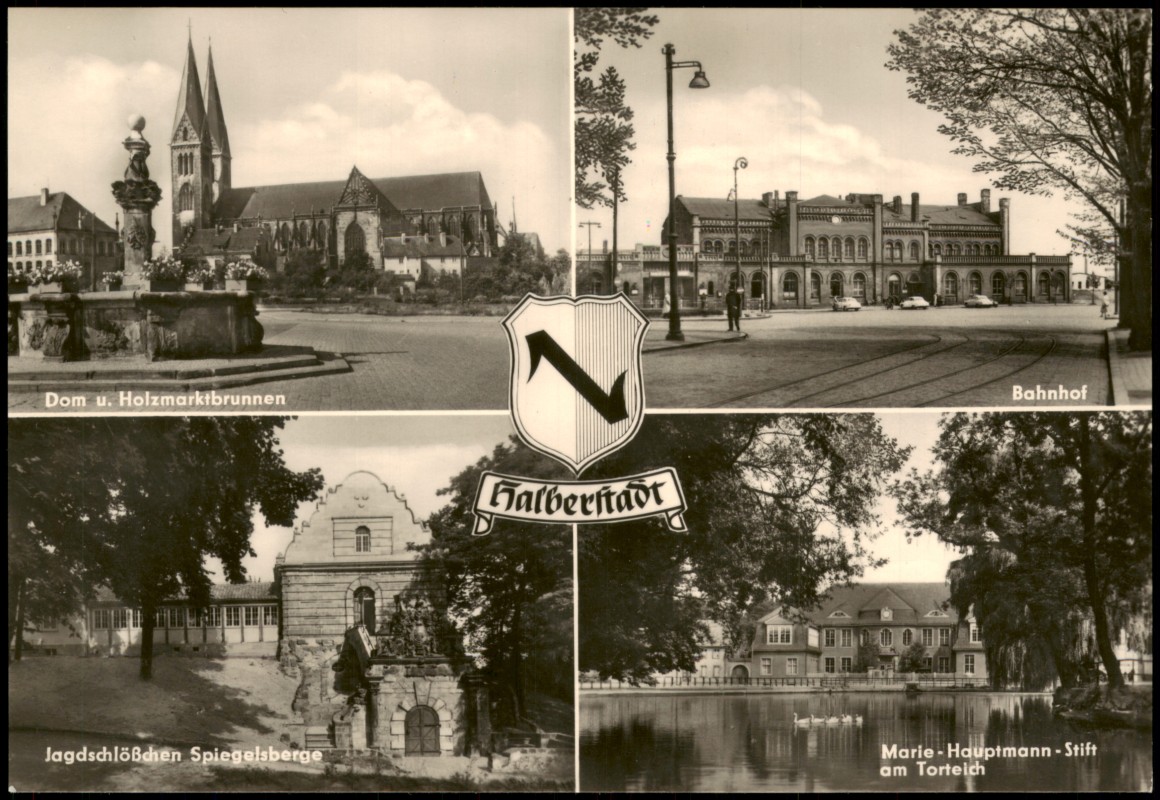 vergrößern: Bildseite historische Ansichtskarte von 1969: DDR Mehrbild-AK mit Marie-Hauptmann-Stift Bahnhof Jagdschlößchen Spiegelsberge:: Halberstadt