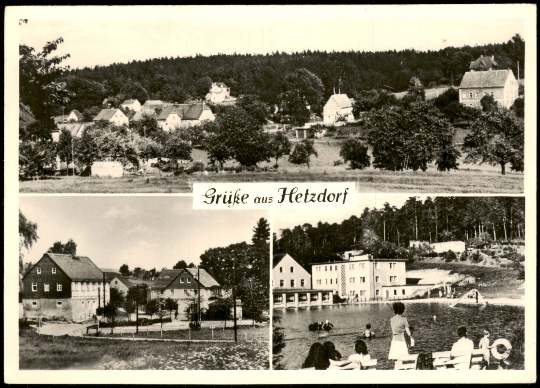 vergrößern: Bildseite historische Ansichtskarte von 1975: Grüße aus Hetzdorf mit 3 Ortsansichten zur DDR-Zeit:: Hetzdorf-Halsbrücke