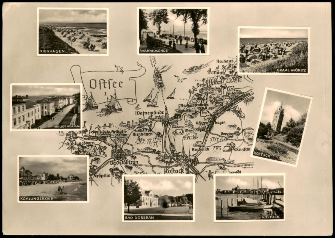 vergrößern: Bildseite historische Ansichtskarte von 1961: Mehrbildkarte Ostseeküste mit Landkarte und Ortsansichten:: Bad Doberan