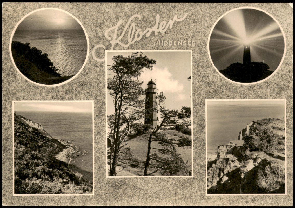 vergrößern: Bildseite historische Ansichtskarte von 1962: Mehrbildkarte Kloster Hiddensee mit Leuchtturm Dornbusch:: Insel Hiddensee-Hiddensee