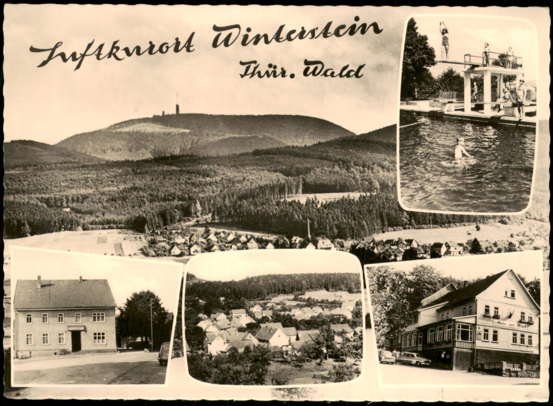 zoom: Image side vintage Postcard from 1962: MB mit Schwimmbad und Gasthaus zum Hirsch:: Winterstein-Waltershausen