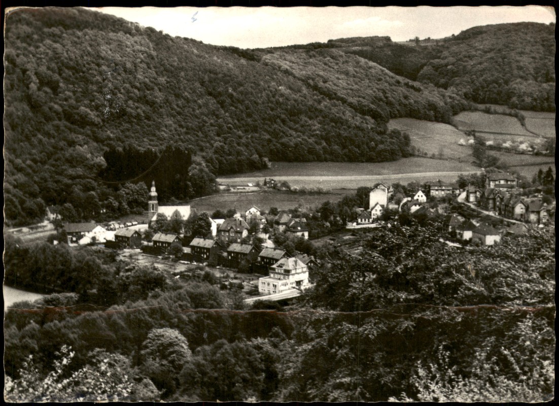 vergrößern: Bildseite historische Ansichtskarte von 1966: Ortsansicht mit Kolonie und Obstfeld:: Nachrodt-Wiblingwerde