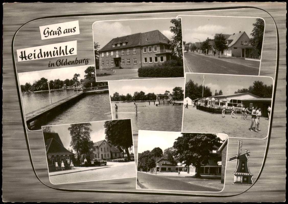 vergrößern: Bildseite historische Ansichtskarte von 1965: Mehrbildkarte Heidmühle mit Windmühle und Freibad:: Heidmühle-Schortens