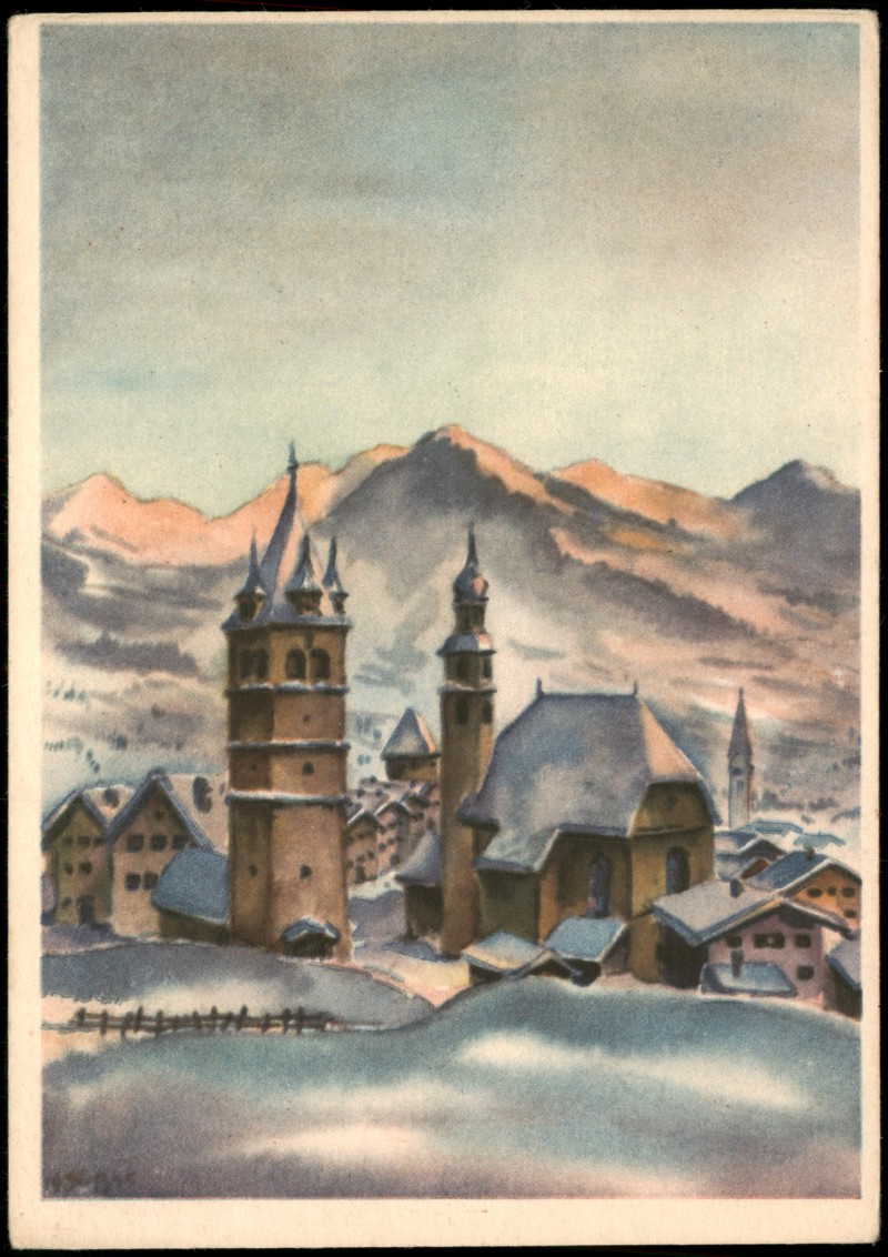 vergrößern: Bildseite historische Ansichtskarte von 1940: KITZBÜHEL (TIROL) nach einem Aquarell von H. Borchard:: Kitzbühel