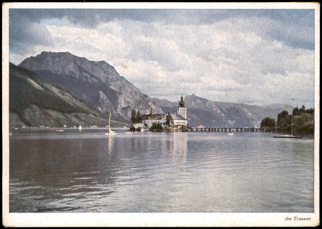 vergrößern: Bildseite historische Ansichtskarte von 1950: Gmunden a. Traunsee Seeschloß Traunstein Farbaufnahme Dr. Erhard:: Gmunden (Salzkammergut)