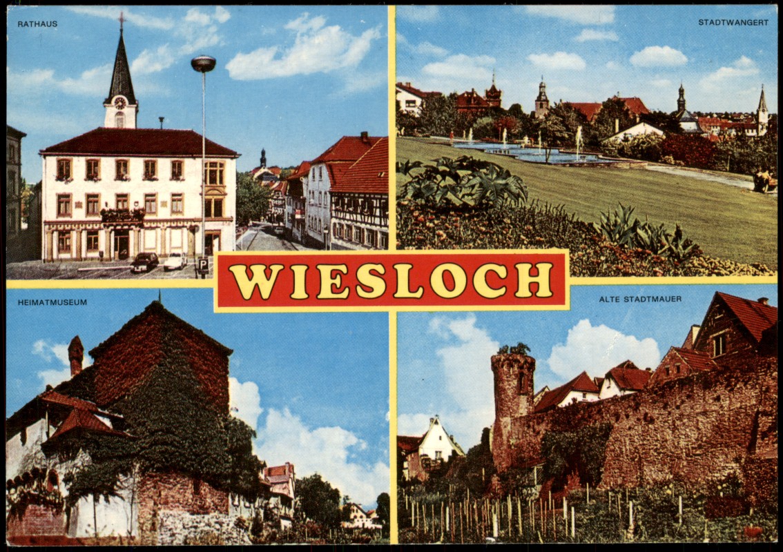 vergrößern: Bildseite historische Ansichtskarte von 1970: Mehrbildkarte mit Rathaus, Heimatmuseum, Stadtwangert und alter Stadtmauer:: Wiesloch