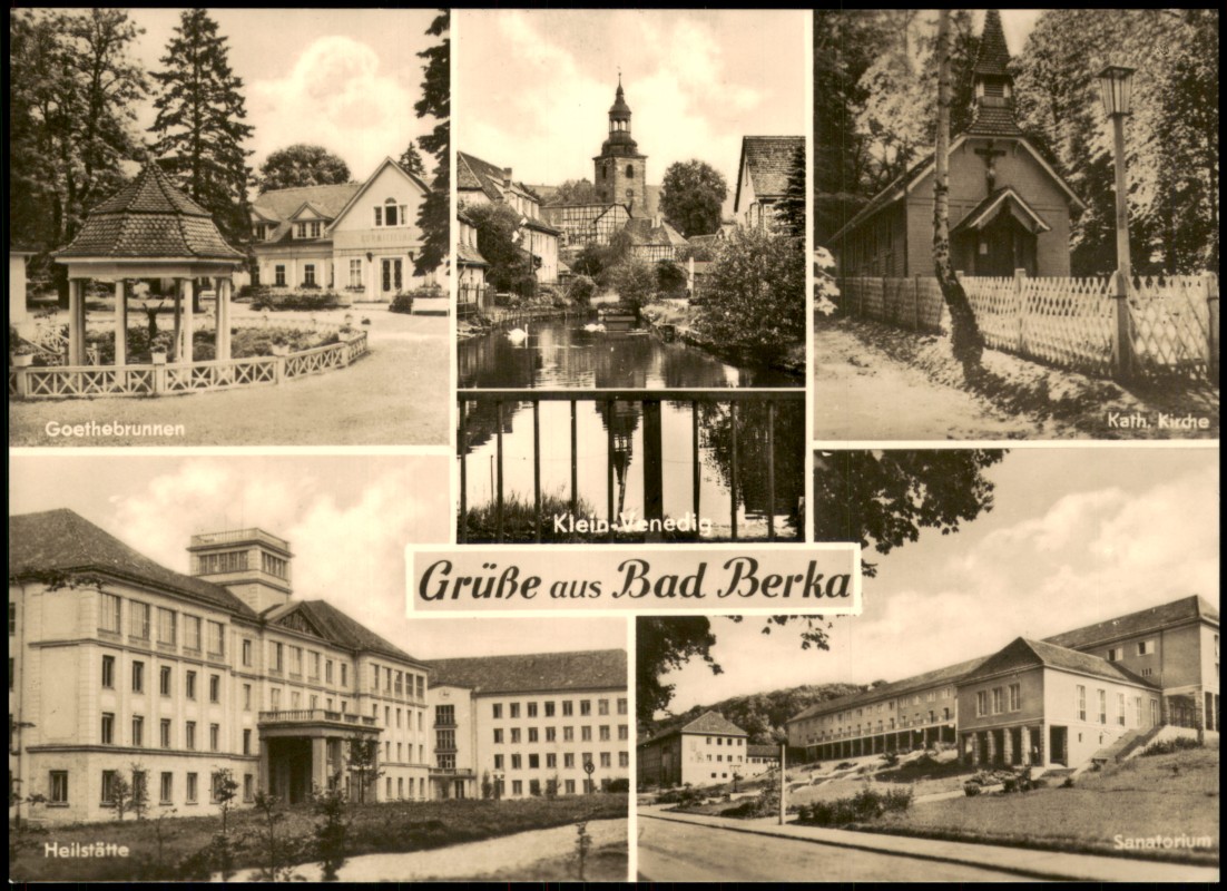 zoom: Image side vintage Postcard from 1970: MB: Goethebrunnen, Heilstätte, Sanatorium, Kirche:: Bad Berka