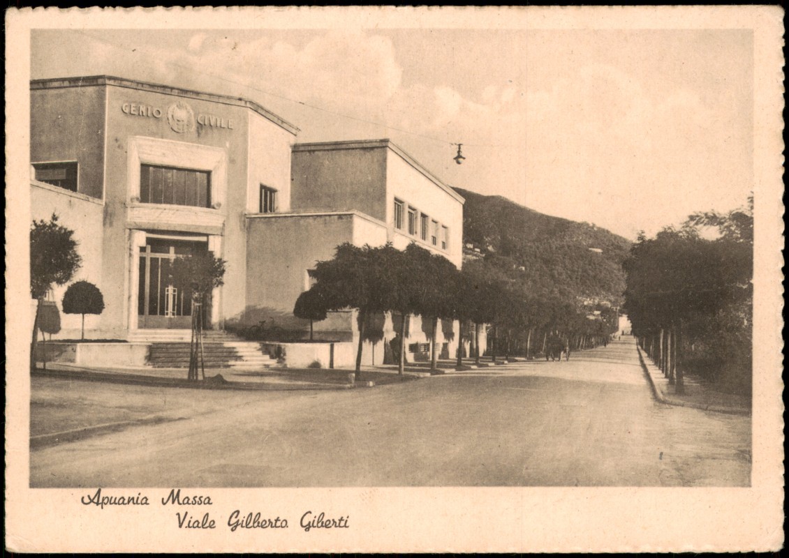 zoom: Image side vintage Postcard from 1930: Apuania Massa Viale Gilberto Giberti::