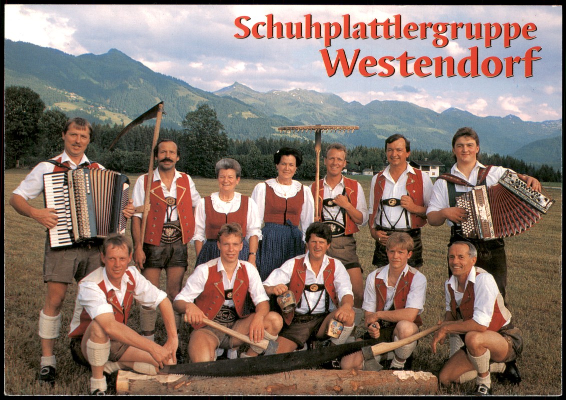 vergrößern: Bildseite historische Ansichtskarte von 1990: Musikanten Gruppe Schuhplattlergruppe Westendorf:: Westendorf