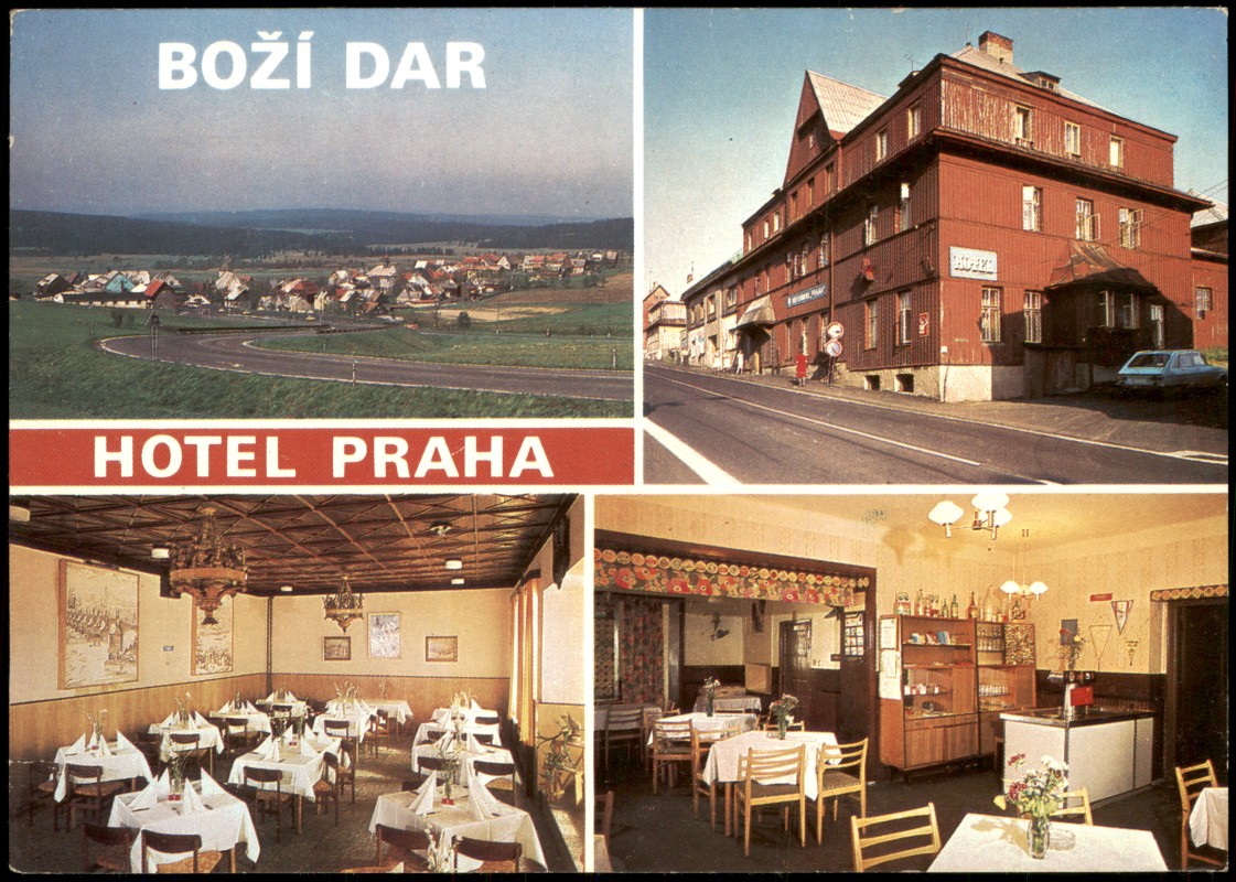 zoom: Image side vintage Postcard from 1980: Mehrbildkarte Ortsansichten BOŽÍ DAR mit Hotel Praha:: Bozi Dar