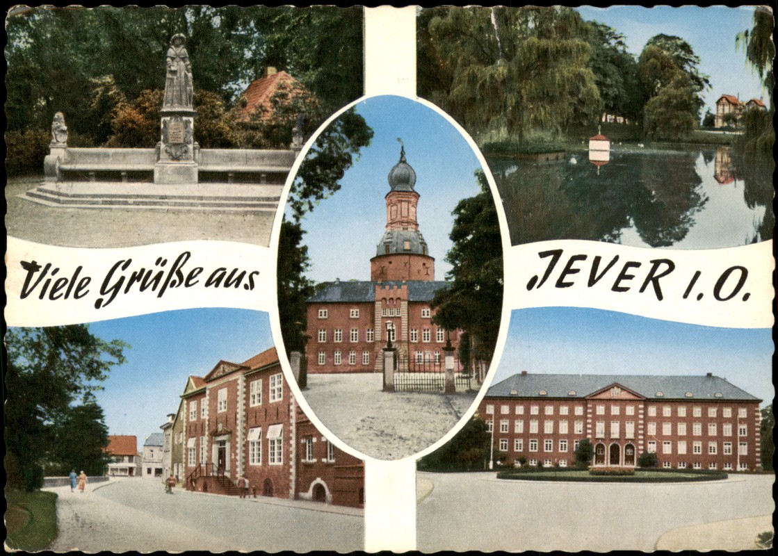 vergrößern: Bildseite historische Ansichtskarte von 1970: Mehrbildkarte mit 5 Ortsansichten:: Jever