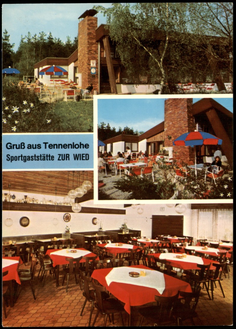 vergrößern: Bildseite historische Ansichtskarte von 1970: Mehrbild-AK Gruß aus Tennenlohe Sportgaststätte ZUR WIED:: Erlangen