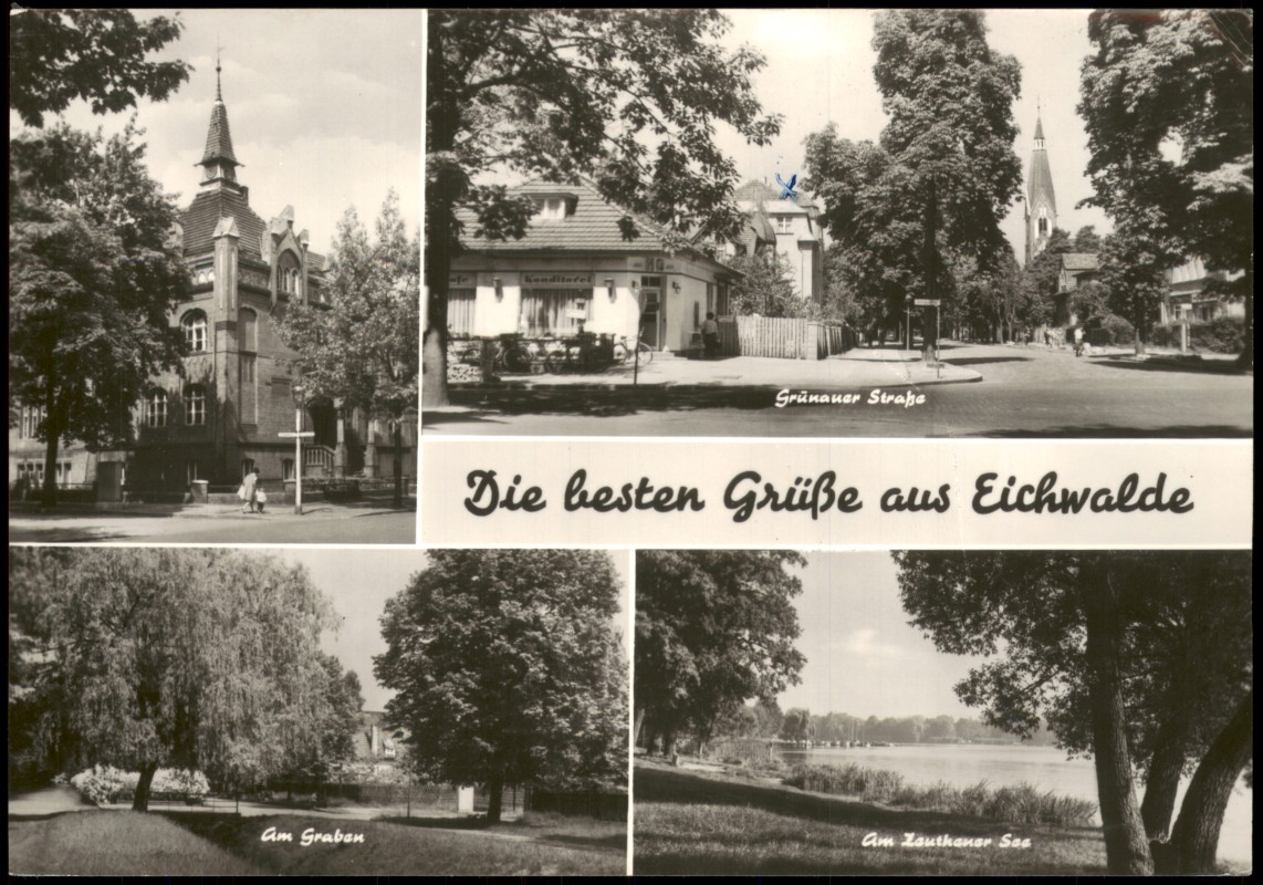 zoom: Image side vintage Postcard from 1982: DDR Mehrbildkarte mit Grünauer Str., See, Ortsansichten:: Eichwalde