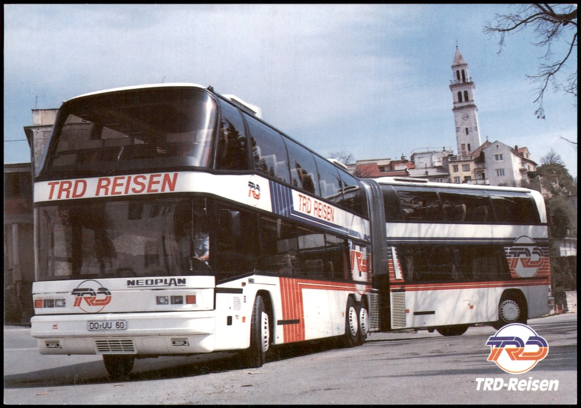 zoom: Image side vintage Postcard from 1985: Neoplan Jumboliner N 138 Gelenk-Doppelstockbus:: Rovigno